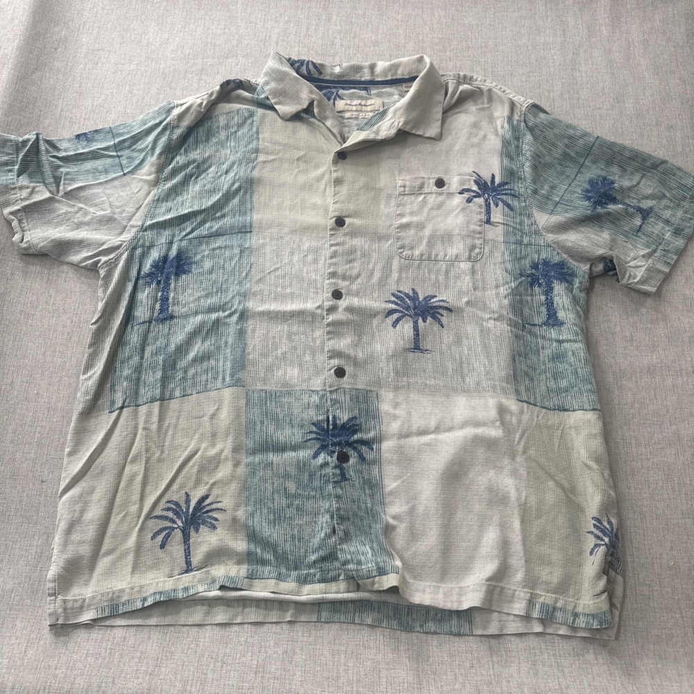 Tommy‎ Bahama Silk Shirt Men's XXL Short Sleeve All Over Palm Print Button Front